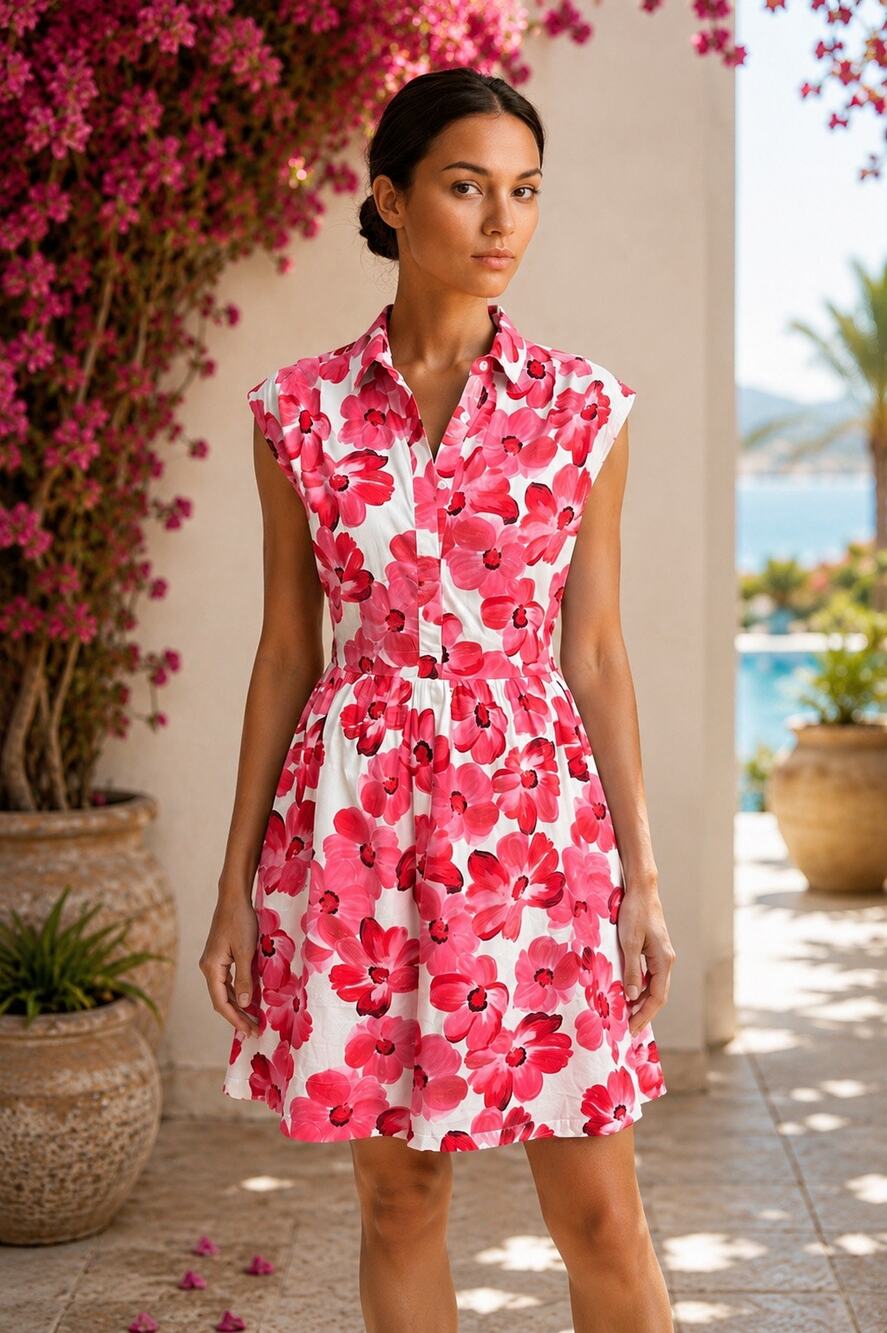 Rubienn Pink Floral Mini Shirt Dress Sleeveless Button Front NWT Medium